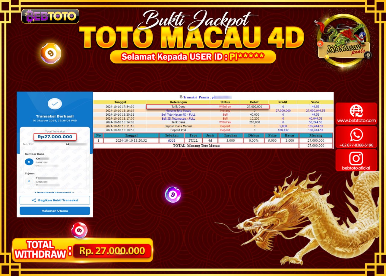 JACKPOT LIVE CASINO BEBTOTO TOTO MACAU Rp.27.000.000.,- LUNAS