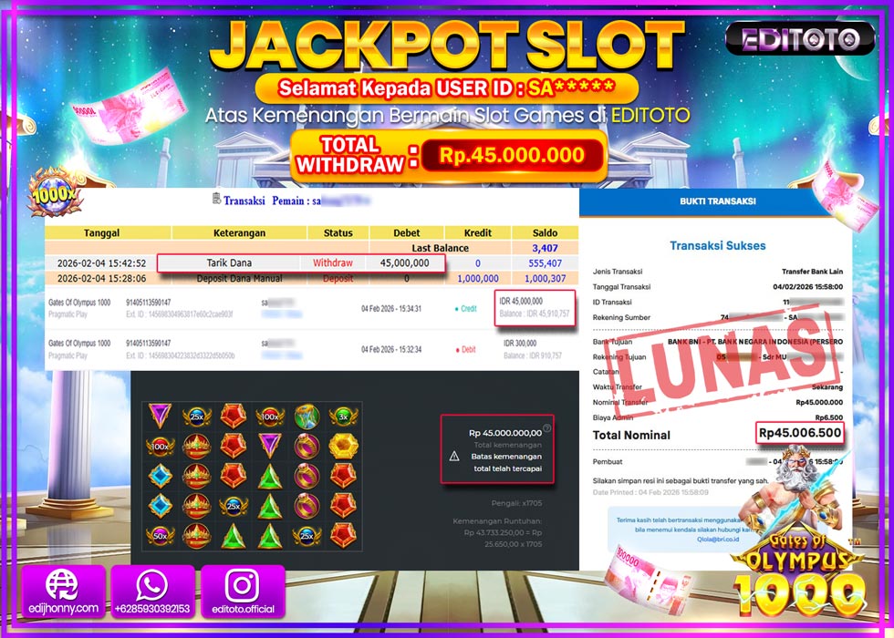 JACKPOT EDITOTO SLOT GATES OF OLYMPUS 1000 Rp.45.000.000,- LUNAS