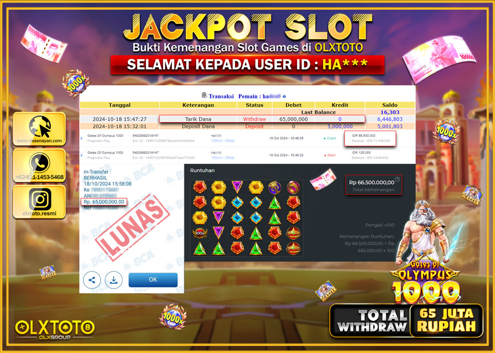OLXTOTO JACKPOT  SLOT GATES OF OLYMPUS 1000 Rp.65.000.000.,- LUNAS