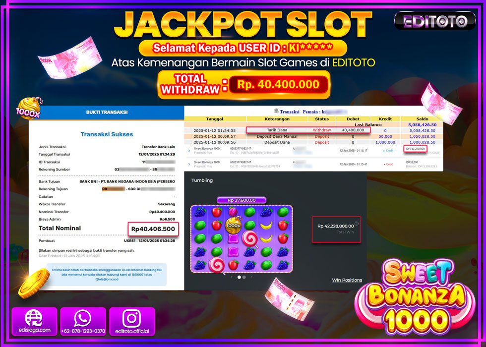 JACKPOT SLOT SWEET BONANZA 1000  Rp.40.400.000.,- LUNAS
