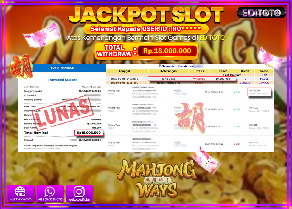 JACKPOT EDITOTO SLOT MAHJONG WAYS Rp.18.000.000,- LUNAS