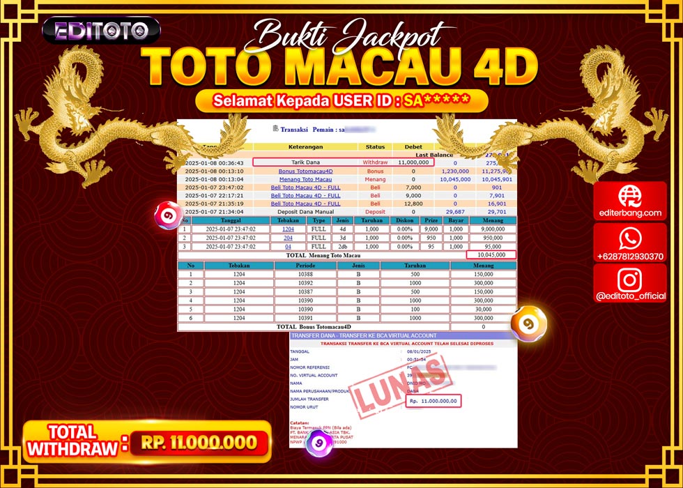 JACKPOT TOGEL PASARAN TOTOMACAU 4D Rp.11.000.000.,- LUNAS