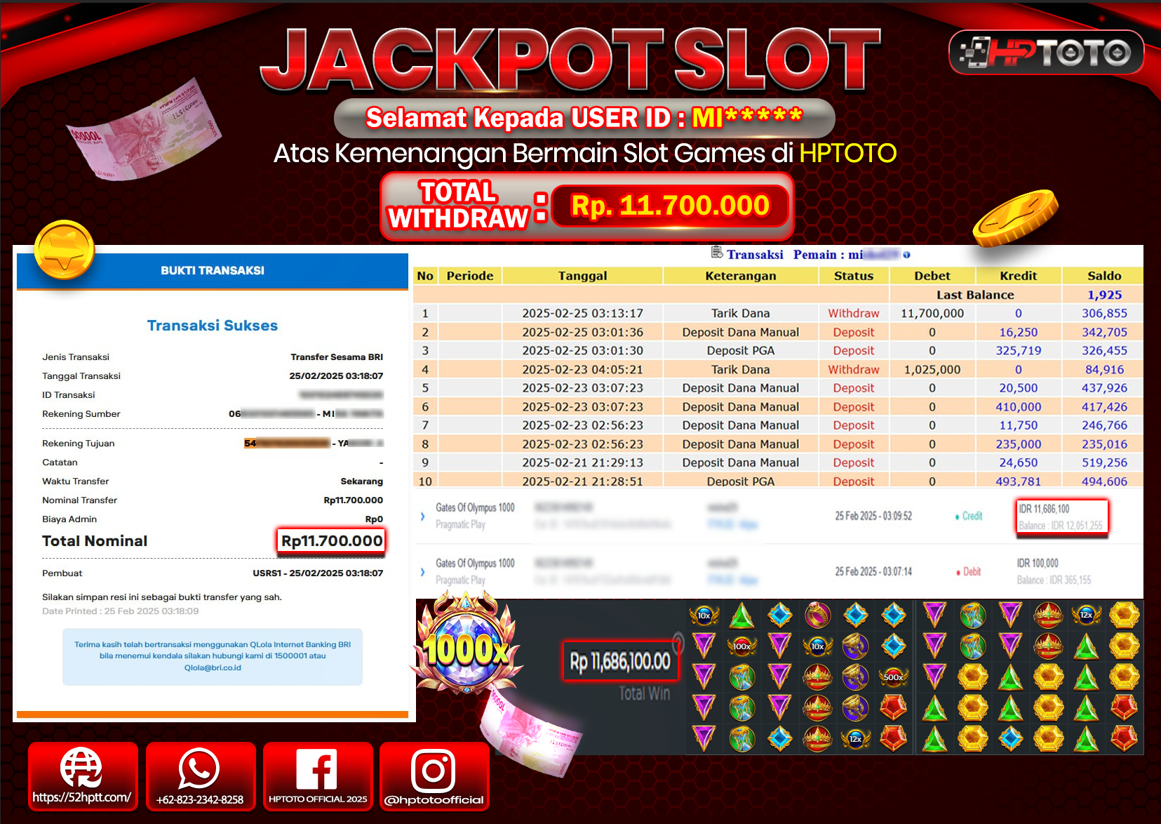 HPTOTO JACKPOT SLOT GATES OF OLYMPUS 1000 Rp.11.700.000,- LUNAS