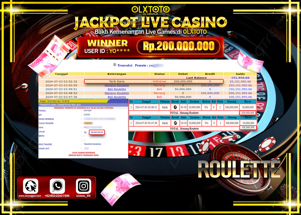 OLXTOTO JACKPOT  LIVE GAMES ROULETTE  Rp.200.000.000.,- LUNAS