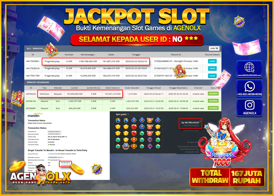 AGENOLX JACKPOT SLOT PRAGMATIC STARLIGHT PRINCESS 1000 Rp 167.000.000,- LUNAS