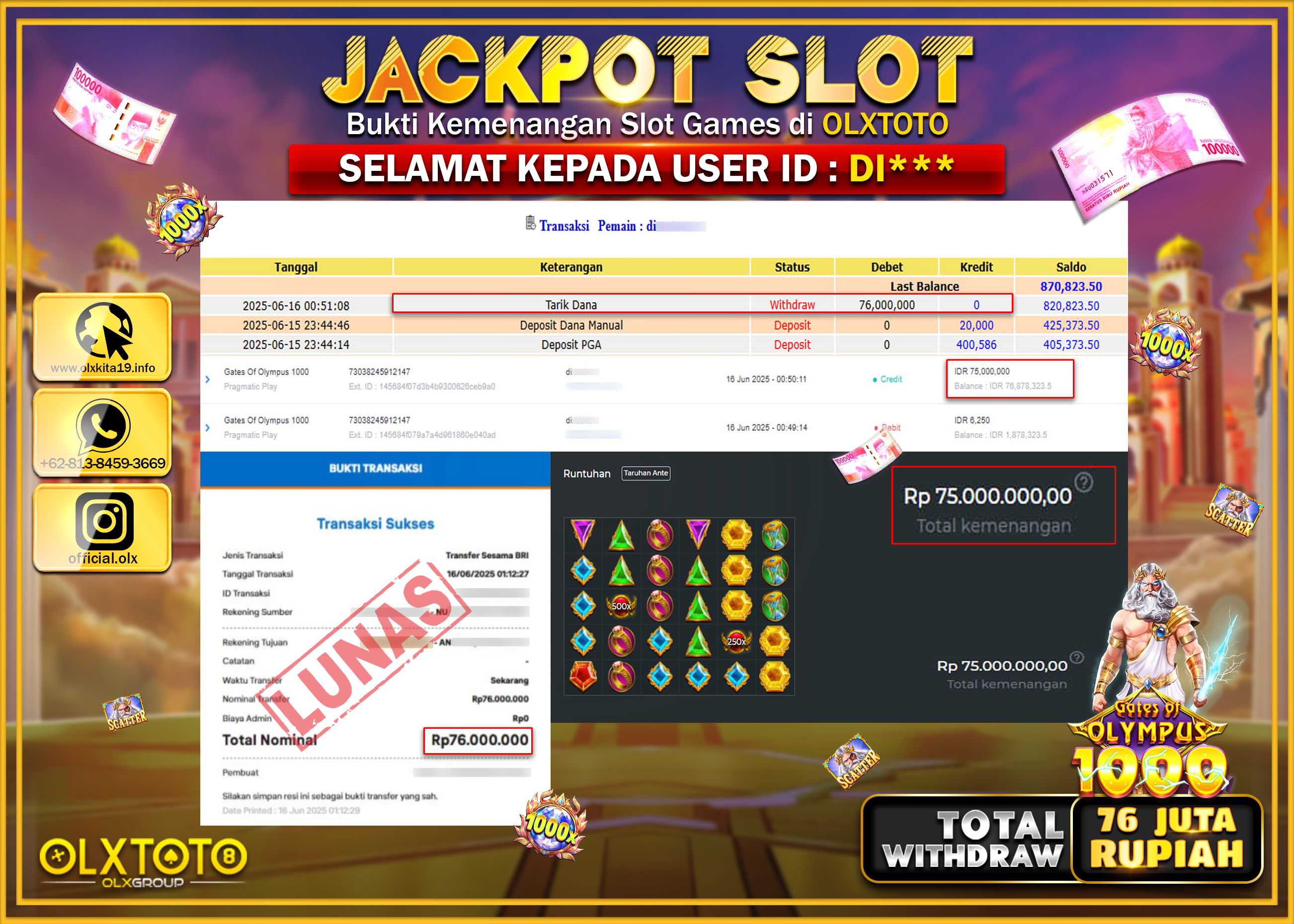 BONDAN69 JACKPOT SLOT GATES OF OLYMPUS  1000  Rp.76.000.000.,- LUNAS