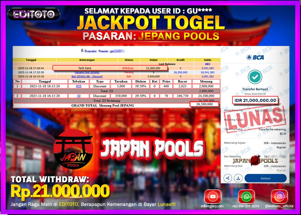 JACKPOT EDITOTO TOGEL PASARAN JEPANG POOLS Rp.21.000.000.,- LUNAS 