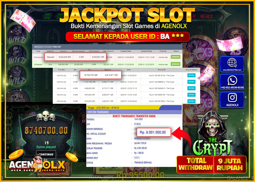 AGENOLX JACKPOT THE CRYPT Rp 9.000.000,- LUNAS