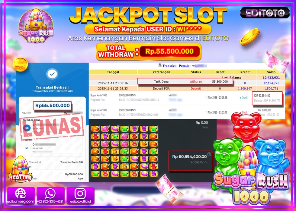 JACKPOT EDITOTO SLOT SUGAR RUSH 1000  Rp.55.500.000,- LUNAS