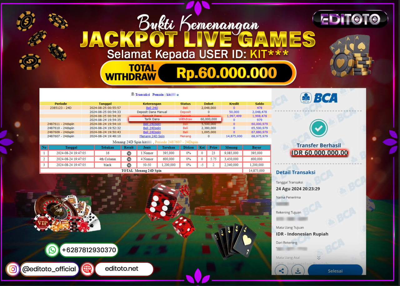 JACKPOT LIVE GAME 24D SPIN Rp.60.000.000.,- LUNAS