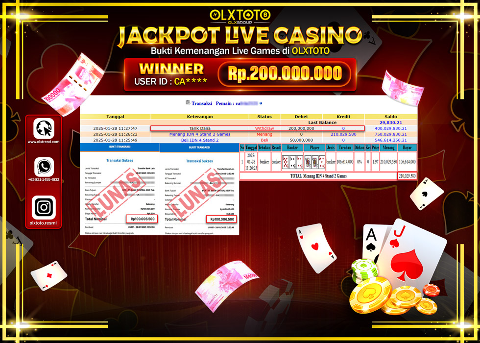 OLXTOTO JACKPOT  LIVE GAMES IDN 4 STAND 2 Rp.200.000.000.,- LUNAS