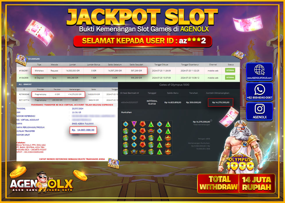 AGENOLX JACKPOT SLOT GATES OF OLYMPUS 1000 Rp.14.000.000,- LUNAS