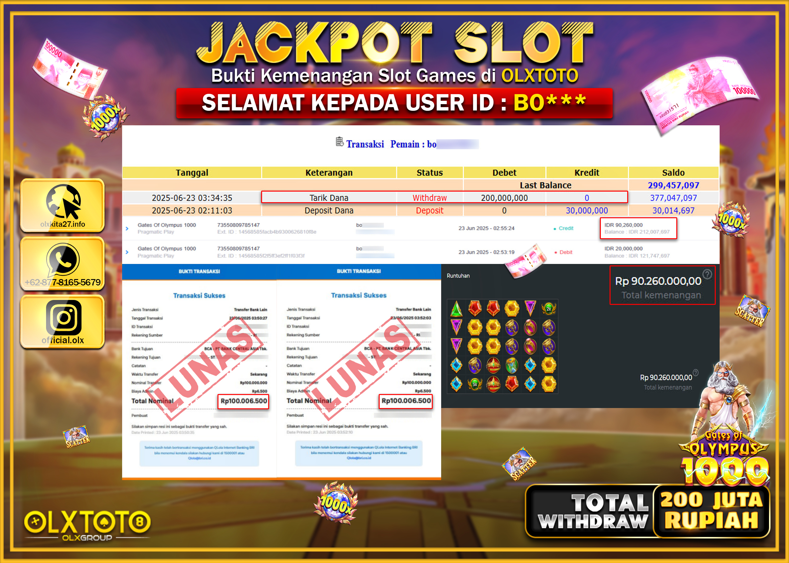 BONDAN69 JACKPOT SLOT GATES OF OLYMPUSS 1000  Rp.200.000.000.,- LUNAS