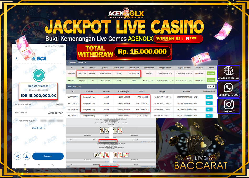 AGENOLX JACKPOT LIVE CASSINO BACCARAT Rp 15.000.000,- LUNAS
