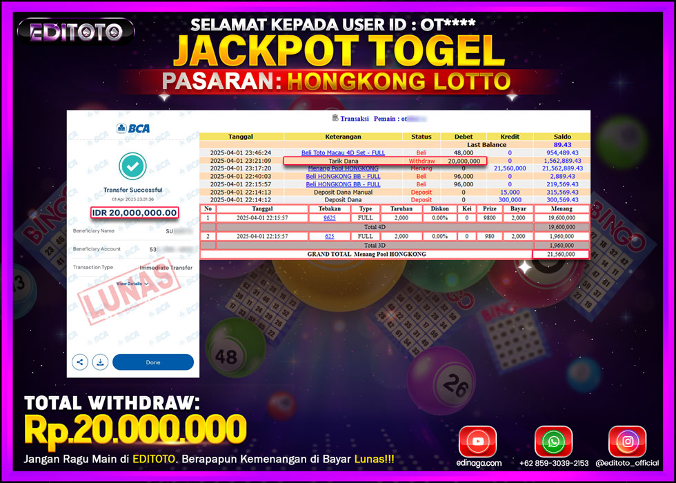 JACKPOT EDITOTO TOGEL PASARAN HONGKONG LOTTO Rp.20.000.000.,- LUNAS