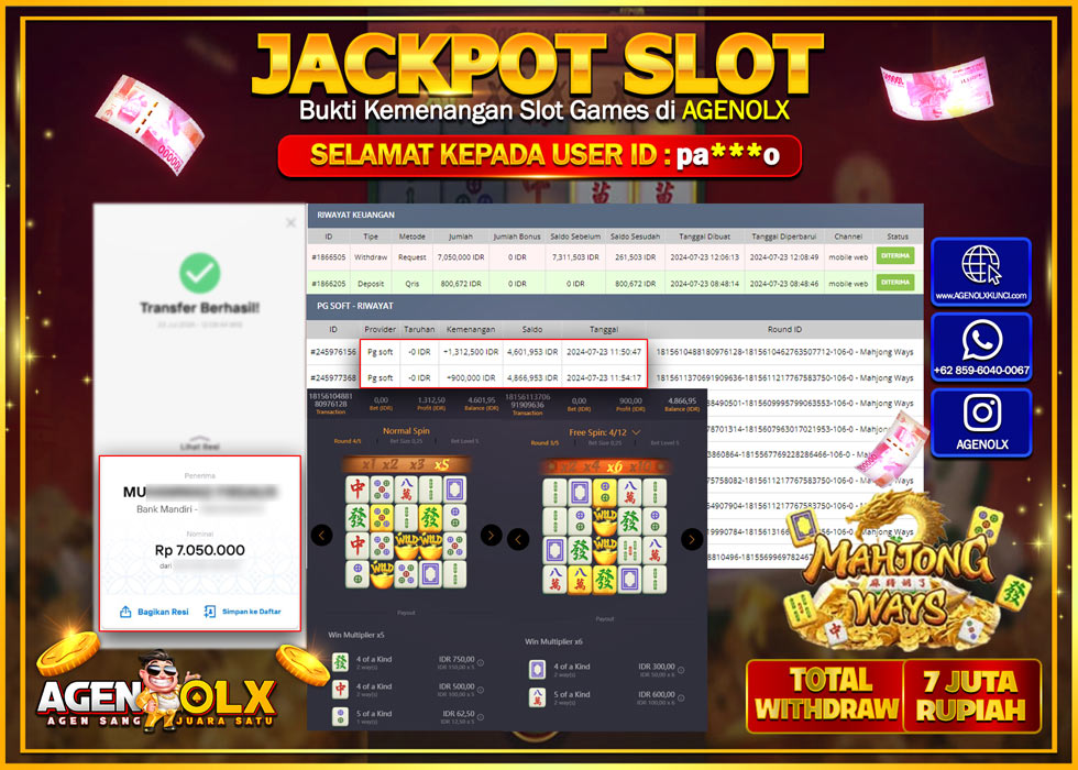 AGENOLX JACKPOT SLOT MAHJONG WAYS Rp.7.050.000,- LUNAS