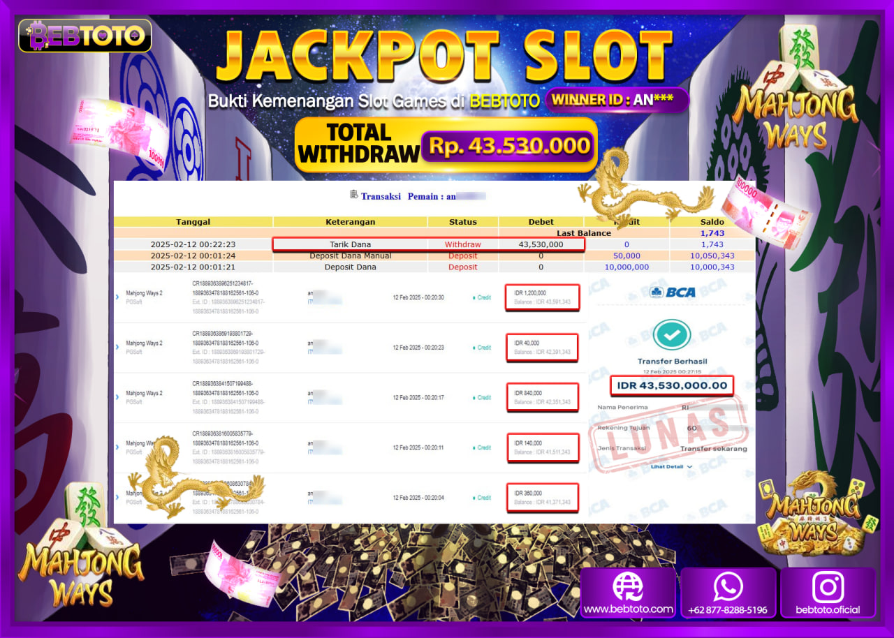 JACKPOT SLOT BEBTOTO MAHJONG WAYS 1000 Rp.43.530.000.,- LUNAS
