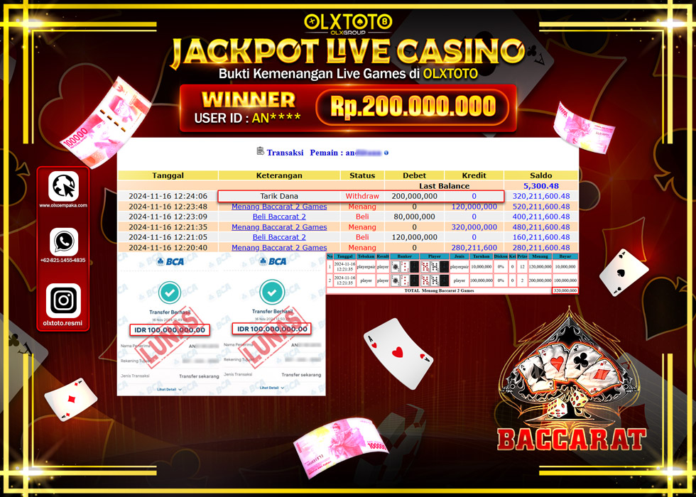 OLXTOTO JACKPOT  LIVE GAMES BACCARAT 2 Rp.200.000.000.,- LUNAS