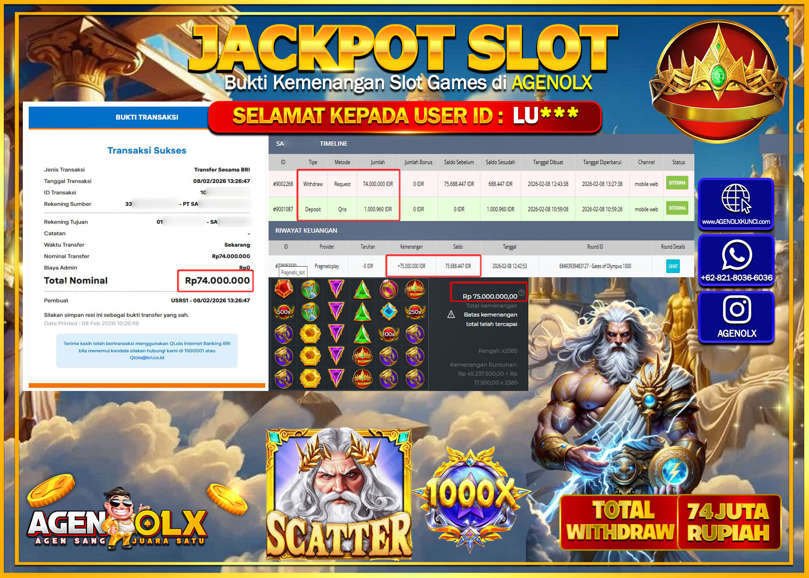 AGENOLX JACKPOT SLOT GATES OF OLYMPUS 1000  Rp 74.000.000 - LUNAS