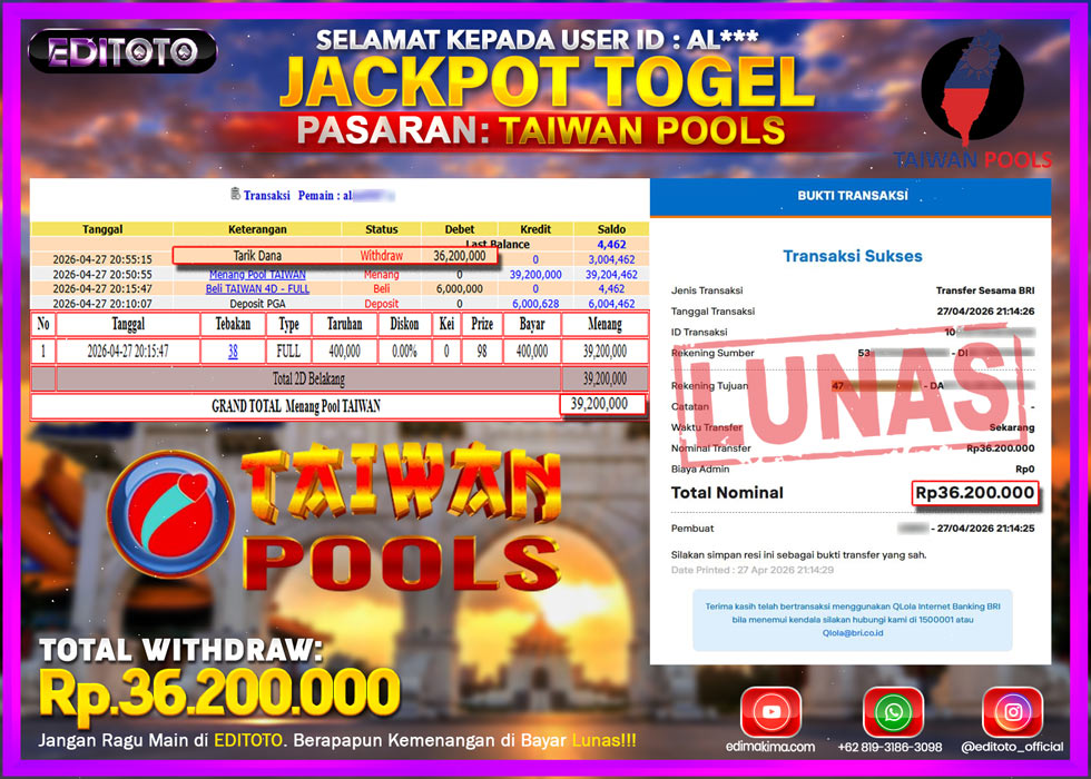 JACKPOT EDITOTO TOGEL PASARAN TAIWAN POOLS Rp.36.200.000.,- LUNAS