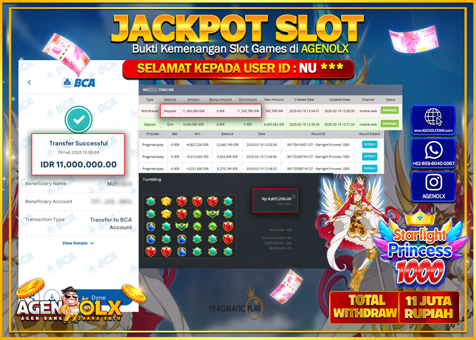 AGENOLX JACKPOT SLOT STARLIGHT PRINCESS 1000 Rp 11.000.000,- LUNAS