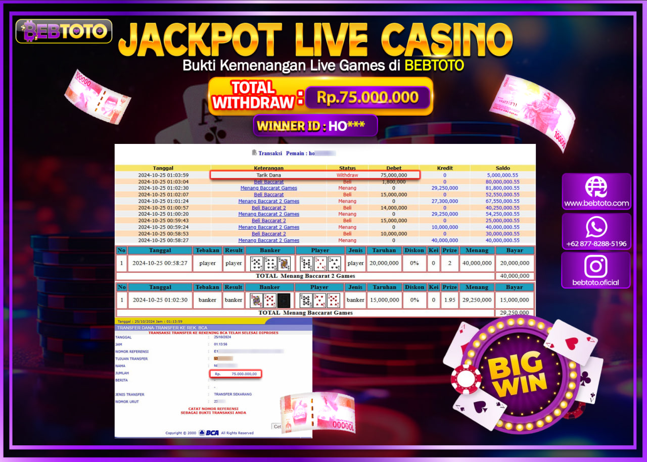 JACKPOT LIVE CASINO BEBTOTO BACCARAT Rp.75.000.000.,- LUNAS