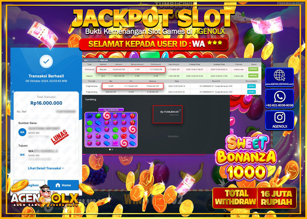 AGENOLX JACKPOT  SLOT SWEET BONANZA 1000 Rp.16.000.000,- LUNAS