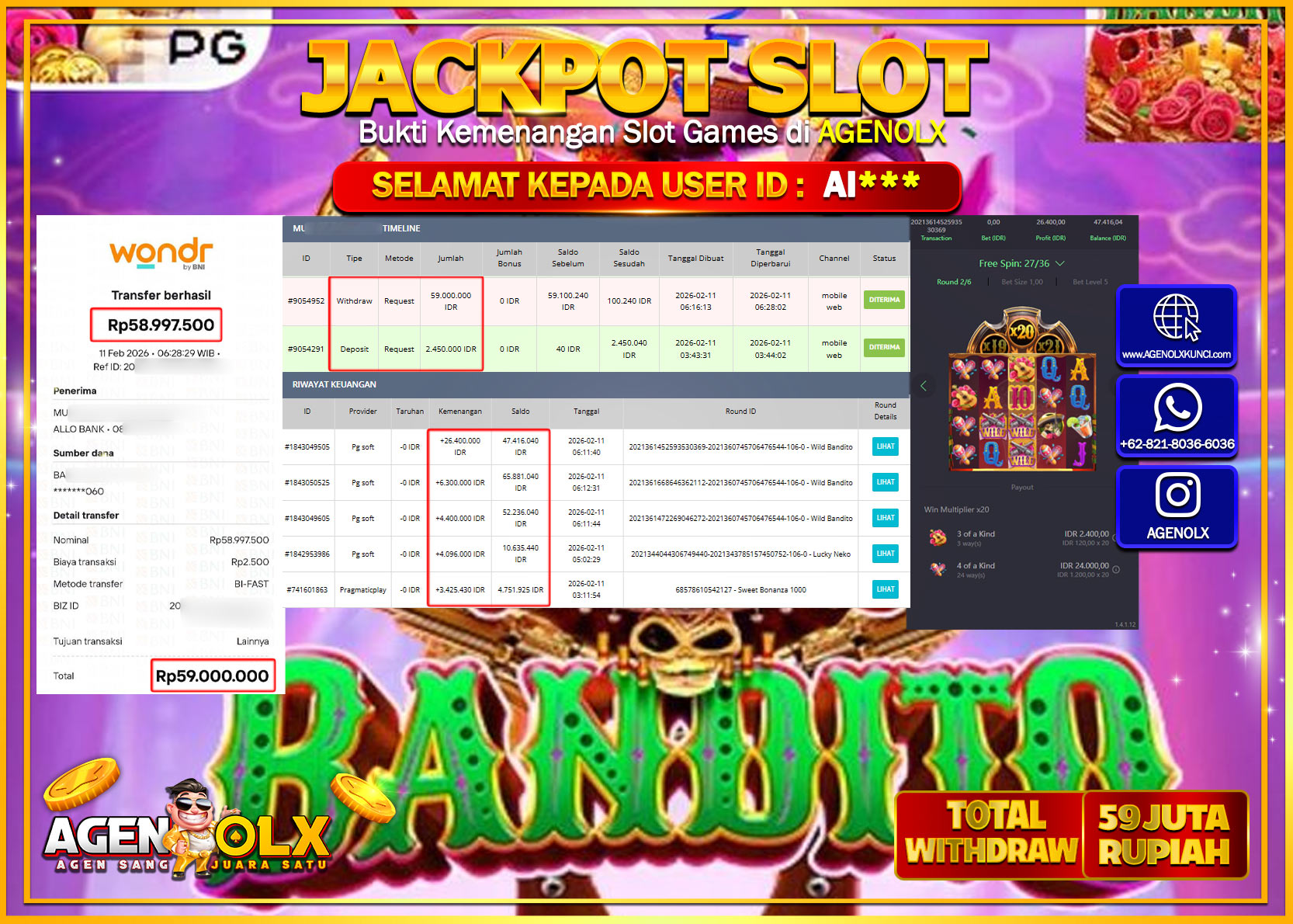 AGENOLX JACKPOT SLOT WILD BANDITO Rp 59.000.000 - LUNAS   
