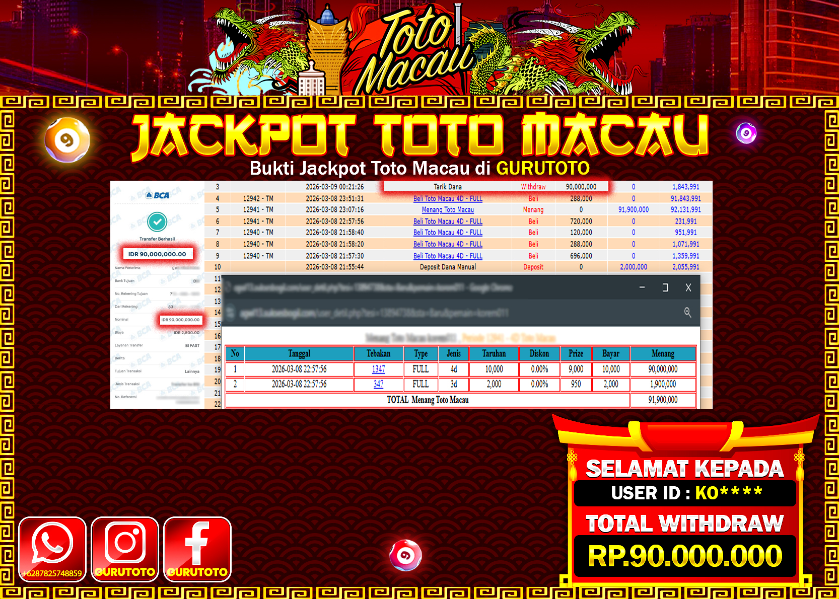 Bukti Kemenangan Rp 90.000.000 MACAU  di GURUTOTO !