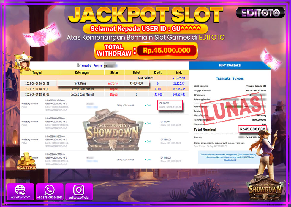 JACKPOT EDITOTO SLOT WILD BOUNTY SHOWDOWN Rp.45.000.000,- LUNAS 