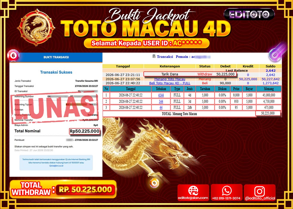 JACKPOT EDITOTO TOGEL PASARAN TOTO MACAU 4D Rp.50.225.000.,- LUNAS