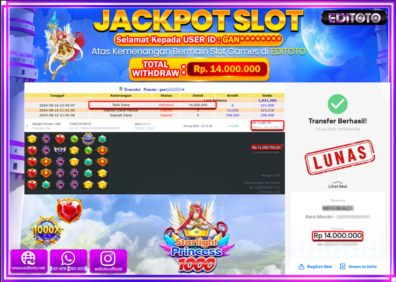 JACKPOT SLOT STARLIGHT PRINCESS 1000  Rp.14.000.000.,- LUNAS