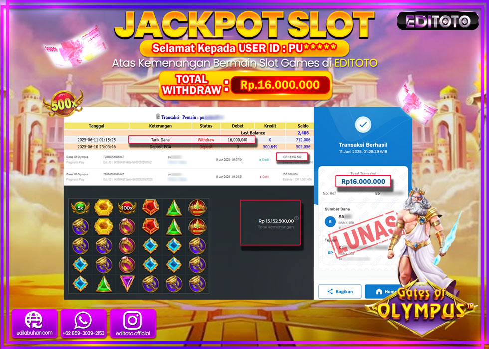 JACKPOT EDITOTO SLOT GATES OF OLYMPUS Rp.16.000.000,- LUNAS