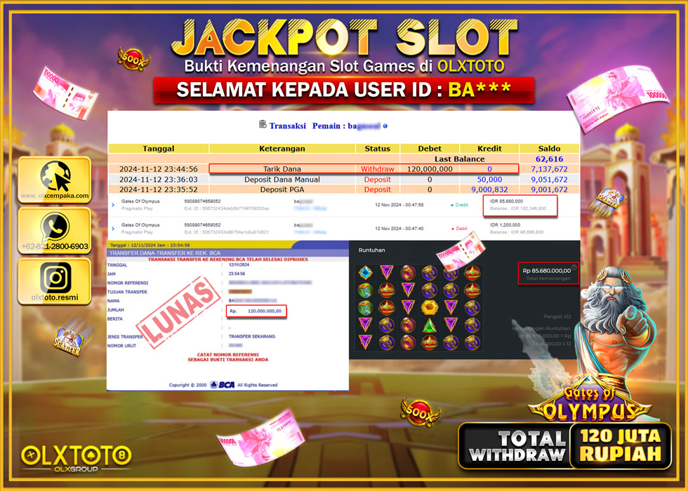 OLXTOTO JACKPOT  SLOT GATES OF OLYMPUS Rp.120.000.000.,- LUNAS