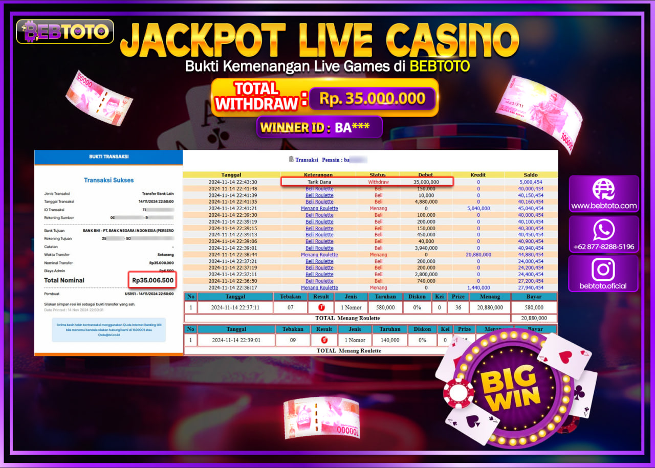 JACKPOT LIVE CASINO BEBTOTO ROULETTE Rp.35.000.000.,- LUNAS