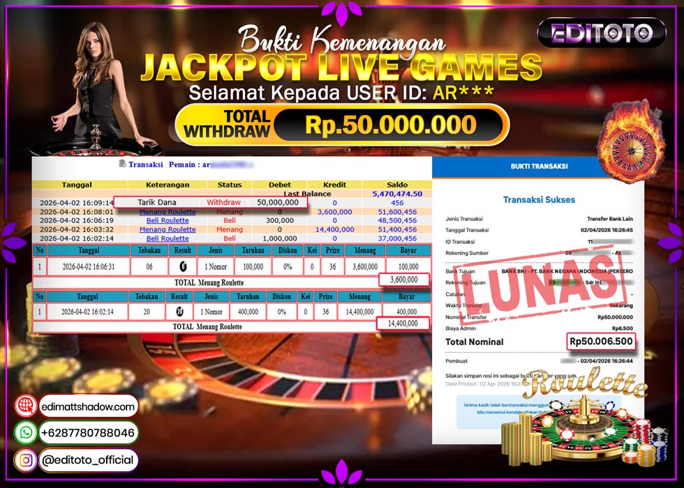 JACKPOT EDITOTO LIVE GAMES ROULETTE Rp. 50.000.000.,- LUNAS