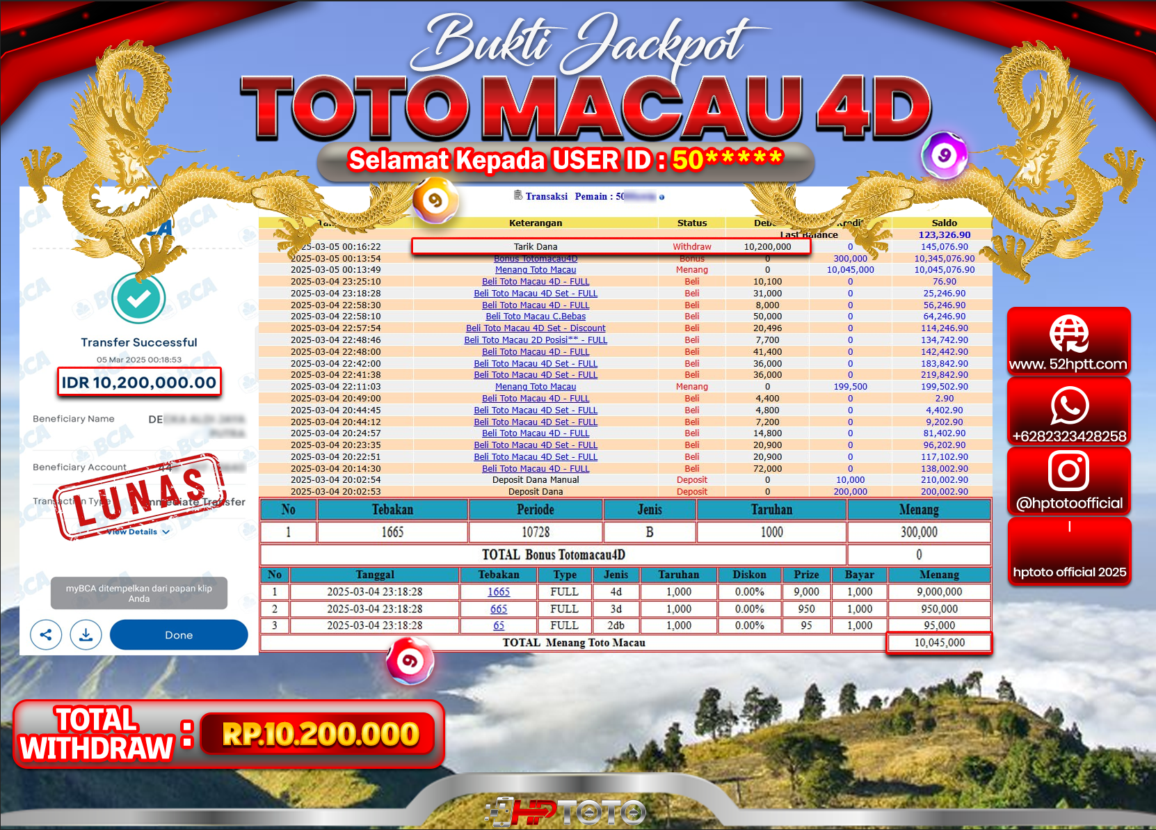 HPTOTO JACKPOT TOGEL PASARAN TOTO MACAU Rp.10.200.000,- LUNAS