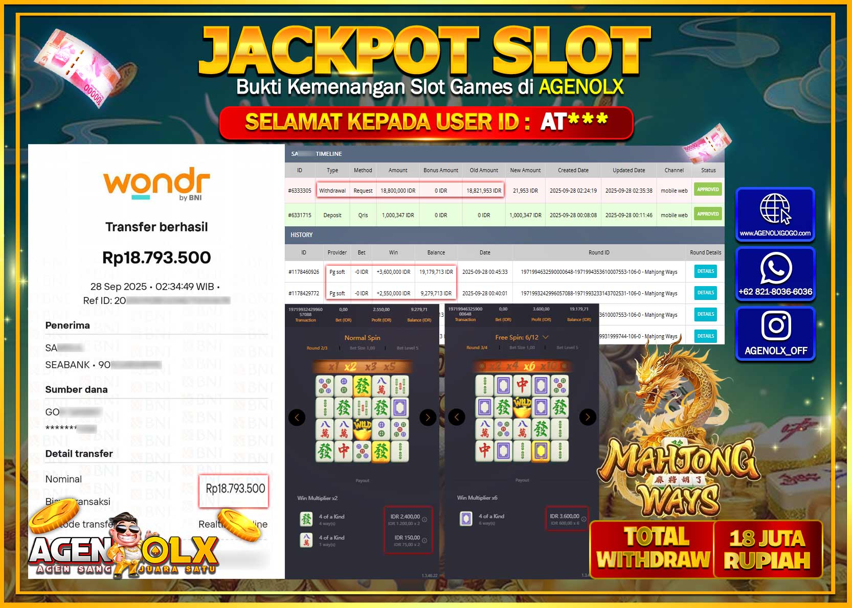 AGENOLX JACKPOT SLOT MAHJONG WAYS Rp 18,800,000,- LUNAS
