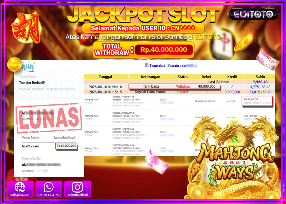 JACKPOT EDITOTO SLOT MAHJONG WAYS Rp.40.000.000,- LUNAS