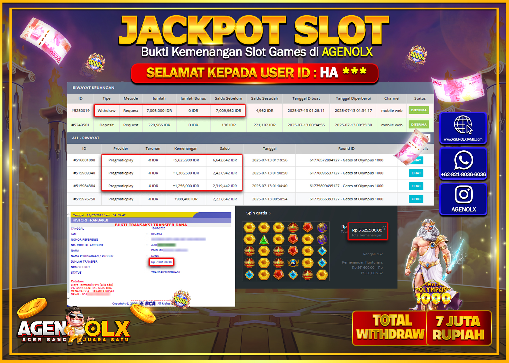 AGENOLX JACKPOT  SLOT GATES OF OLYMPUS 1000  Rp 7.005.000,- LUNAS
