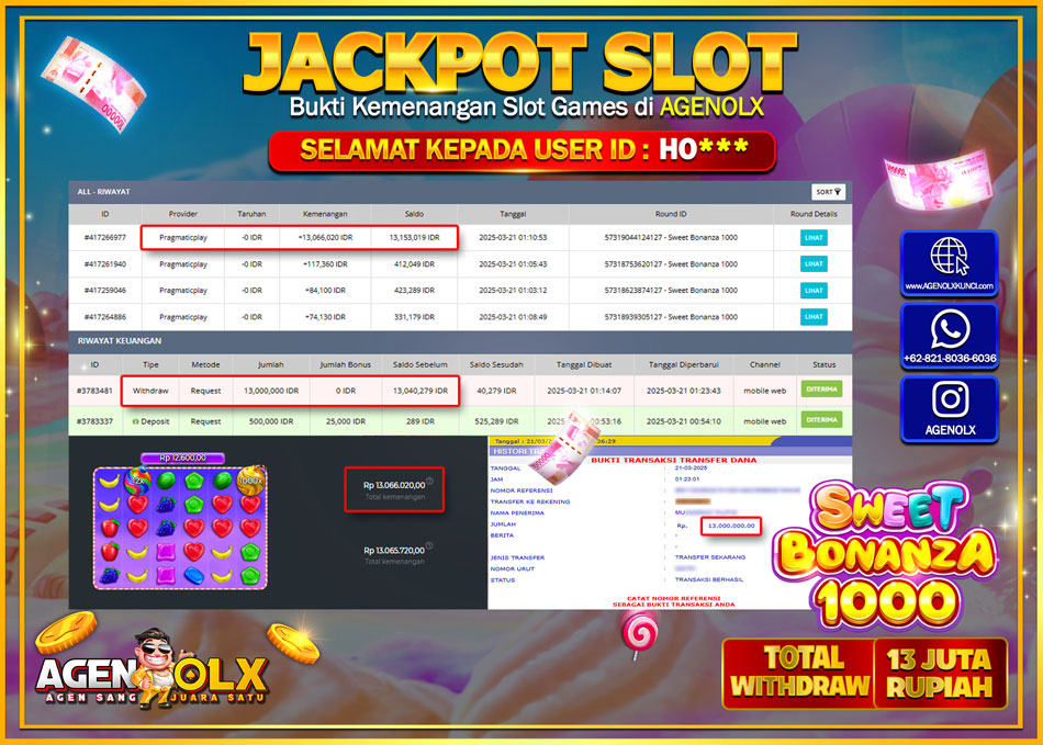 AGENOLX JACKPOT SLOT BONANZA 1000 Rp 13.000.000,- LUNAS