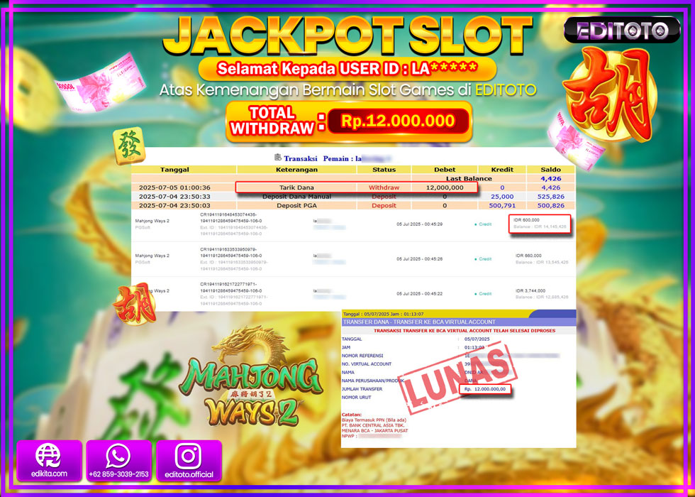 JACKPOT EDITOTO SLOT MAHJONG WAYS 2 Rp.12.000.000,- LUNAS 