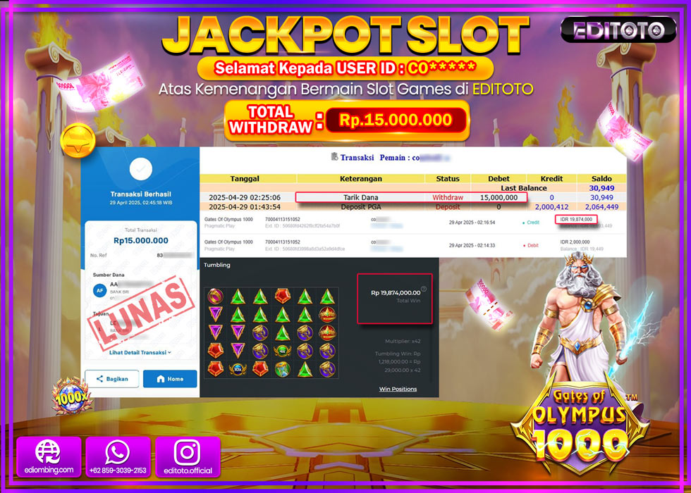 JACKPOT EDITOTO SLOT GATES OF OLYMPUS 1000 Rp.15.000.000,- LUNAS
