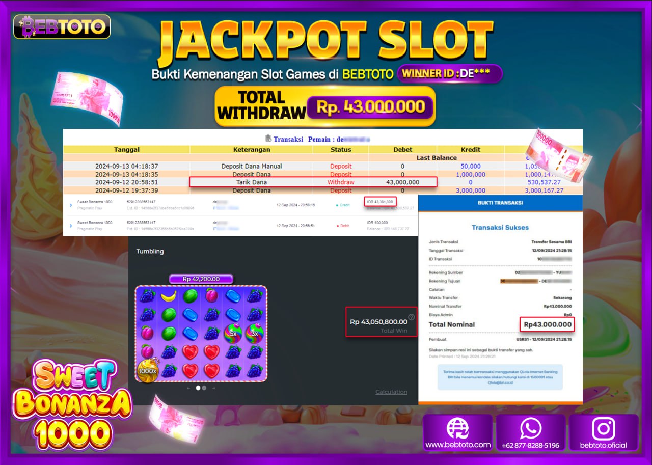 JACKPOT SLOT BEBTOTO SWEET BONANZA 1000 Rp.43.000.000.,- LUNAS