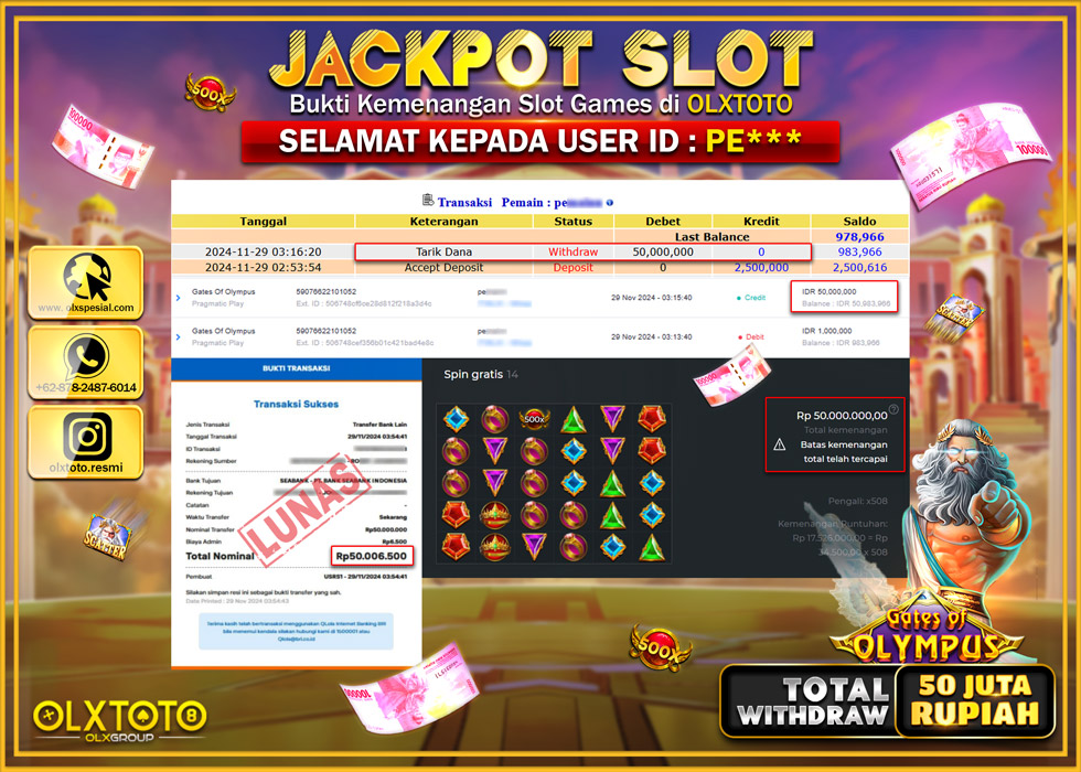 OLXTOTO JACKPOT  SLOT GATES OF OLYMPUS  Rp.50.000.000.,- LUNAS