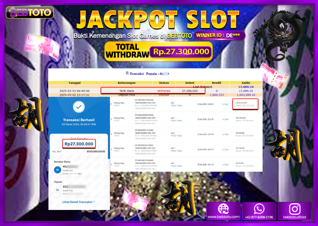 JACKPOT SLOT BEBTOTO MAHJONG WAYS Rp.27.300.000.,- LUNAS