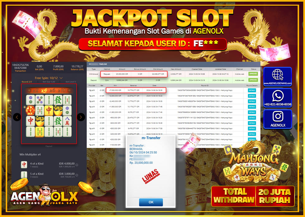 AGENOLX JACKPOT  SLOT MAHJONG WAYS Rp.20.000.000,- LUNAS
