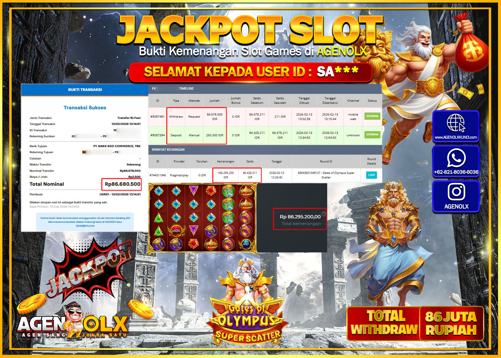 AGENOLX JACKPOT SLOT GATES OF OLYMPUS SUPER SCATTER Rp 86.678.000 - LUNAS   