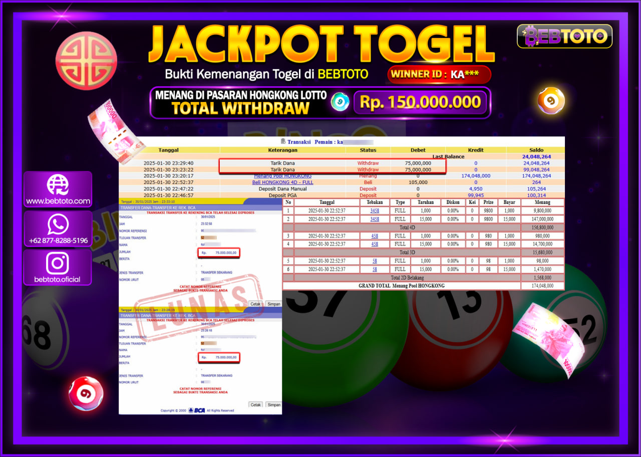 JACKPOT TOGEL BEBTOTO HONGKONG LOTTO Rp.150.000.000.,- LUNAS