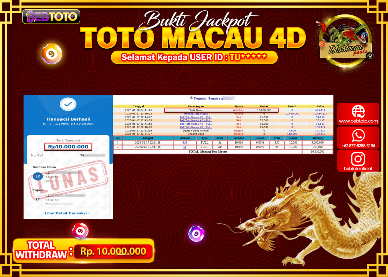 JACKPOT LIVE CASINO BEBTOTO TOTO MACAU 4D Rp.10.000.000.,- LUNAS